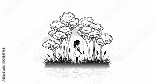 A child's silhouette stands in a grove of stylized trees with reflective water below