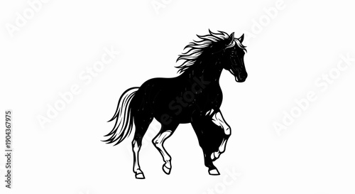 A black horse with a flowing mane and tail, captured in mid-stride
