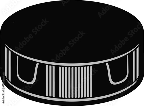 A black hockey puck with textured sides and a curved top