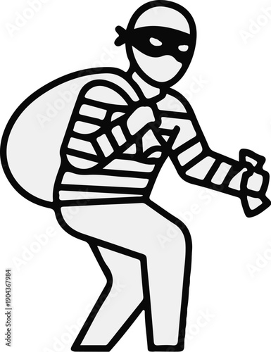 A cartoon burglar with a mask and striped shirt carries a sack