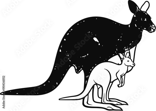 A black kangaroo and a white joey stand side by side