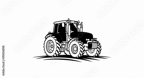 A black and white outline drawing of a modern agricultural tractor