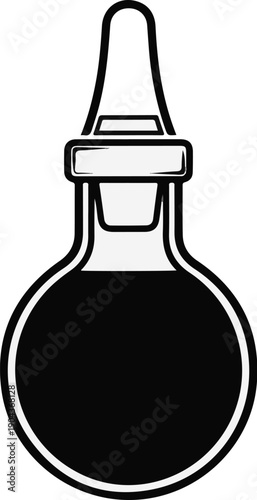 A black liquid fills a round glass bottle with a stopper and dropper