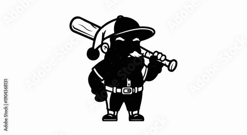 A cartoon baseball player, depicted as a short, stout figure with a beard