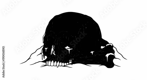 A black, melting skull with visible teeth and bones on a white background