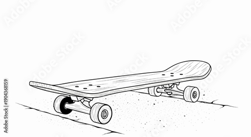 A black and white illustration of a wooden skateboard resting on cracked pavement