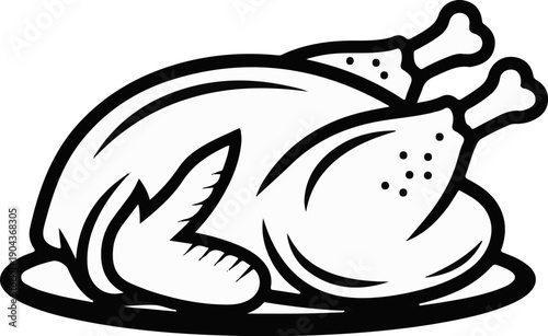 A black and white outline drawing of a whole roast chicken on a platter