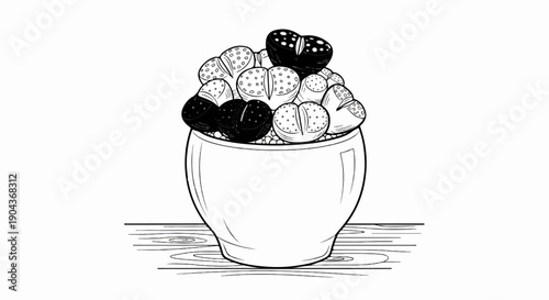 A black and white illustration of lithops in a pot on a wooden surface