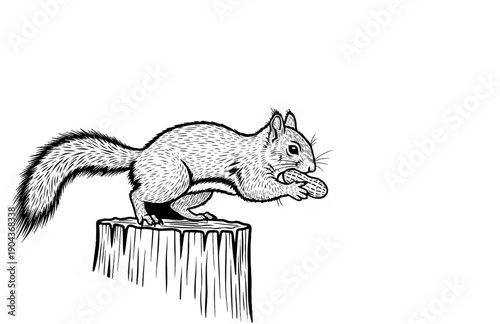 A black and white illustration of a squirrel holding a nut
