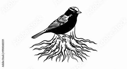 A black and white illustration of a small bird perched atop a stylized sun or root formation