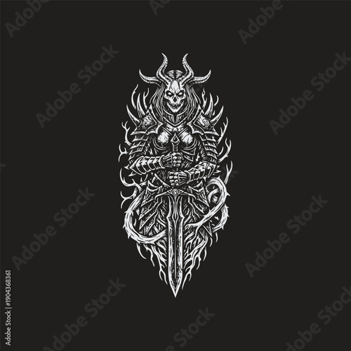 Vintage woodcut engraving of a demonic skeleton knight in full armor holding a greatsword surrounded by thorns in dark gothic style.