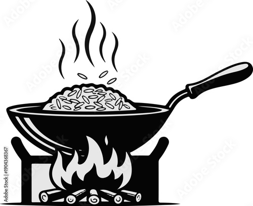 A black and white illustration of rice being cooked in a wok over an open flame