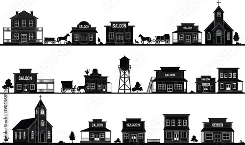 Tableau sur toile Set of Black Silhouette Vector Illustrations Featuring Old West Town Buildings I