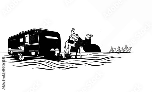 A caravan with a trailer and camels journeying through a desert landscape