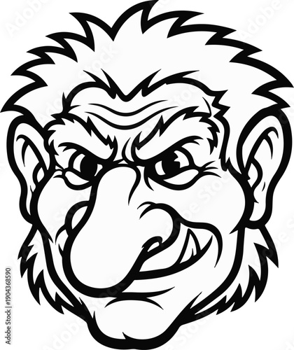 A black and white cartoon drawing of a grumpy troll face with a big nose and teeth