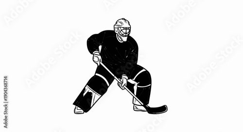 A black and white drawing of a hockey goalie in a defensive stance