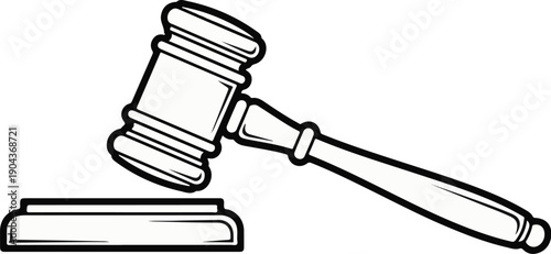 A black and white drawing of a judge's gavel resting on its block