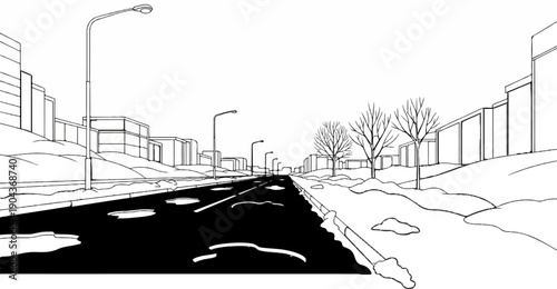 A black and white drawing of a road in a snowy urban environment