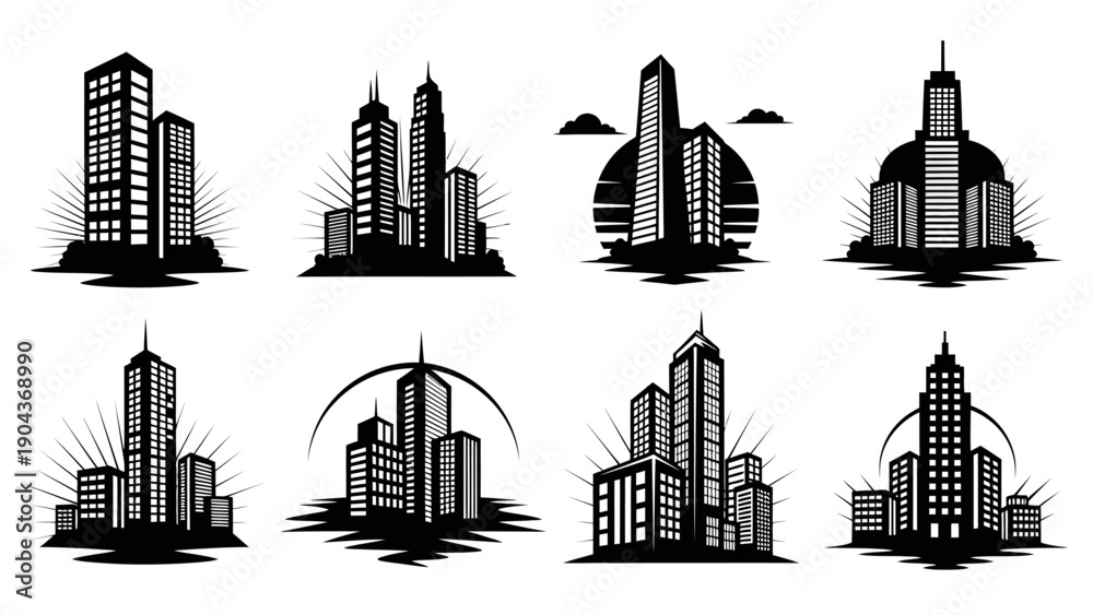 Obraz premium Various stylized city skylines with sun or water elements in black silhouette graphics