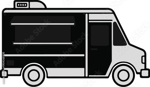 A black and white graphic of a food truck with windows and wheels