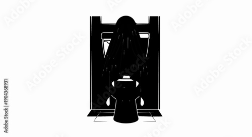 A dark, stylized figure with long hair stands before a doorway and toilet