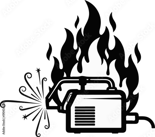 A black and white graphic of a welding machine producing sparks and flames
