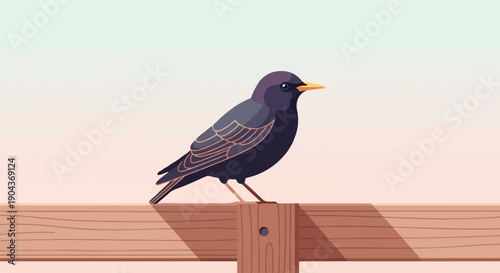 A dark-feathered bird with a yellow beak rests on a wooden fence