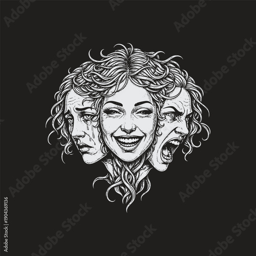 Vintage engraving illustration of a woman with three faces showing different emotions of sadness, happiness, and anger.