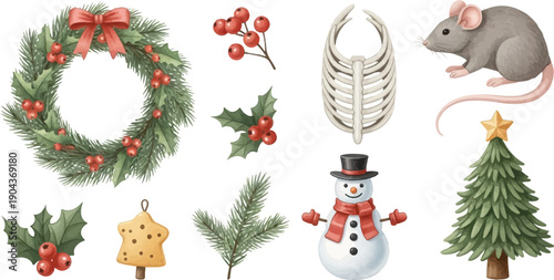 A collection of festive holiday elements including a wreath, holly, snowman, mouse, and pine tree