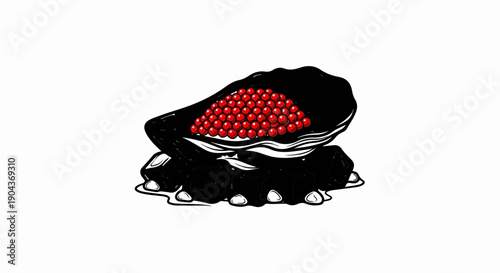 A black oyster shell filled with glistening red caviar sits on dark stones