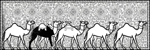 A caravan of camels traverses a decorative, patterned background with floral motifs