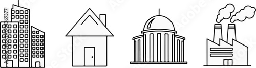 A collection of four distinct building illustrations skyscraper, house, dome structure, factory