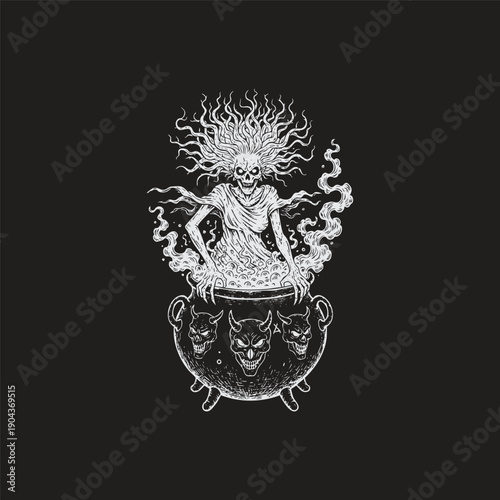 Vintage engraving illustration of a creepy skeleton witch rising from a cauldron with demonic skull symbols.