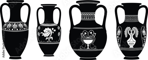 Four black and white Greek amphorae display distinct decorative patterns on a plain background.
