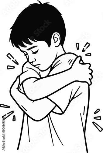 A distressed young person hugging themselves tightly, conveying sadness and isolation
