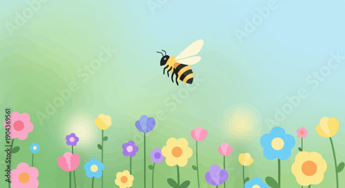 A bumblebee flies over a field of colorful, cartoonish flowers under a pale blue sky