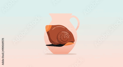 A brown snail rests inside a pale pink jug with a pastel sky