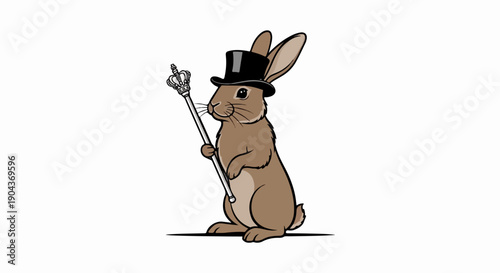 A brown rabbit in a top hat holds a royal scepter