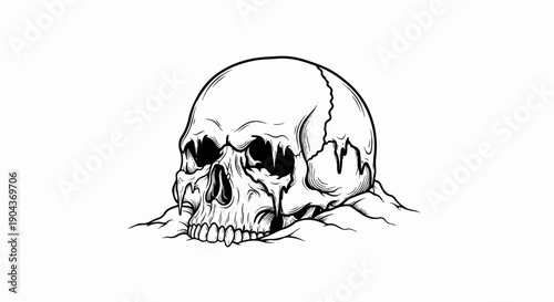 A black and white ink drawing of a skull with a cracked forehead and dripping features