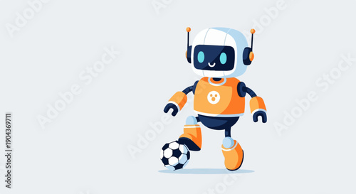 A cheerful cartoon robot playing soccer with a traditional black and white ball