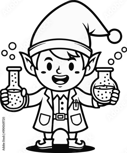 A cheerful cartoon elf in lab coat and hat holds beakers with bubbles