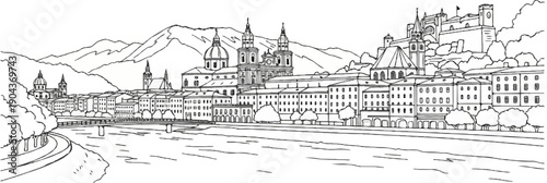 A black and white sketch depicts a picturesque European city with baroque architecture and a river