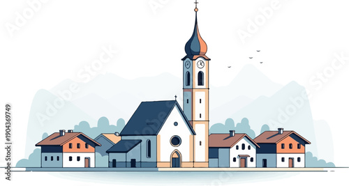 A charming village scene with a church, houses, and rolling hills under a pale sky