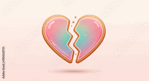 A broken heart-shaped cookie with colorful glaze and a light shadow