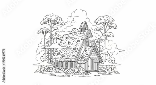 A charming thatched-roof house nestled amidst tall trees and fluffy clouds