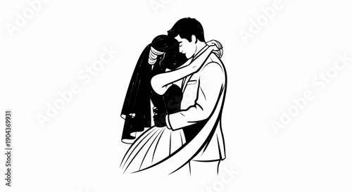 A bride in a veil and groom embrace tightly, with flowing fabric