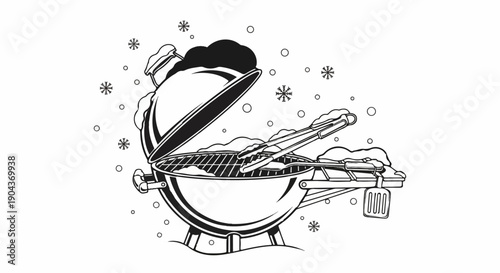 A charcoal grill with open lid, tongs, and spatula in snowy weather