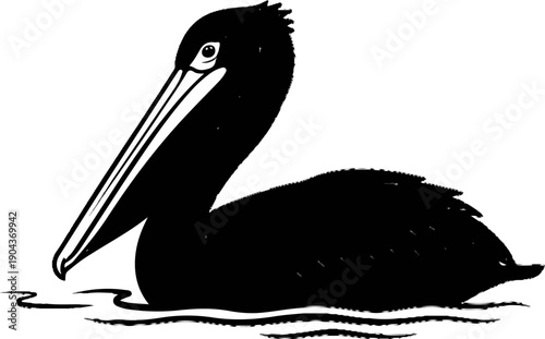 A black pelican with a long beak floats on rippling water