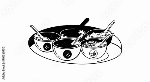 A collection of small bowls filled with various ingredients and spoons