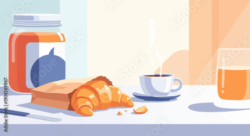 A delightful breakfast spread featuring a croissant, coffee, and juice on a table